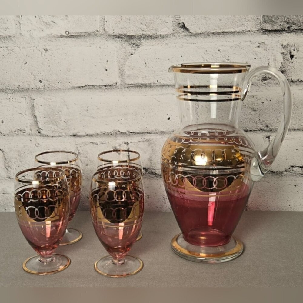 Vintage Pink Gold Ombre Glass Pitcher & 4 Goblets Barware Set